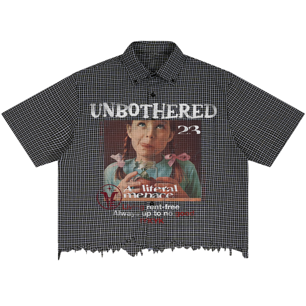 Velvet Errors Unbothered distress button-up shirt in black with a relaxed fit and distressed details.