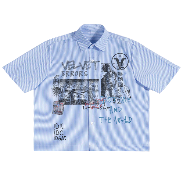 Close-up of Velvet Errors Velvet Sins button-up shirt in soft velvet fabric with a classic collar and button-down front.