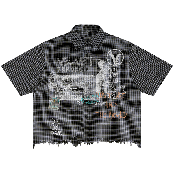 Light blue Velvet Sins Distress Button Up shirt by Velvet Errors, featuring a distressed velvet texture and classic collar.