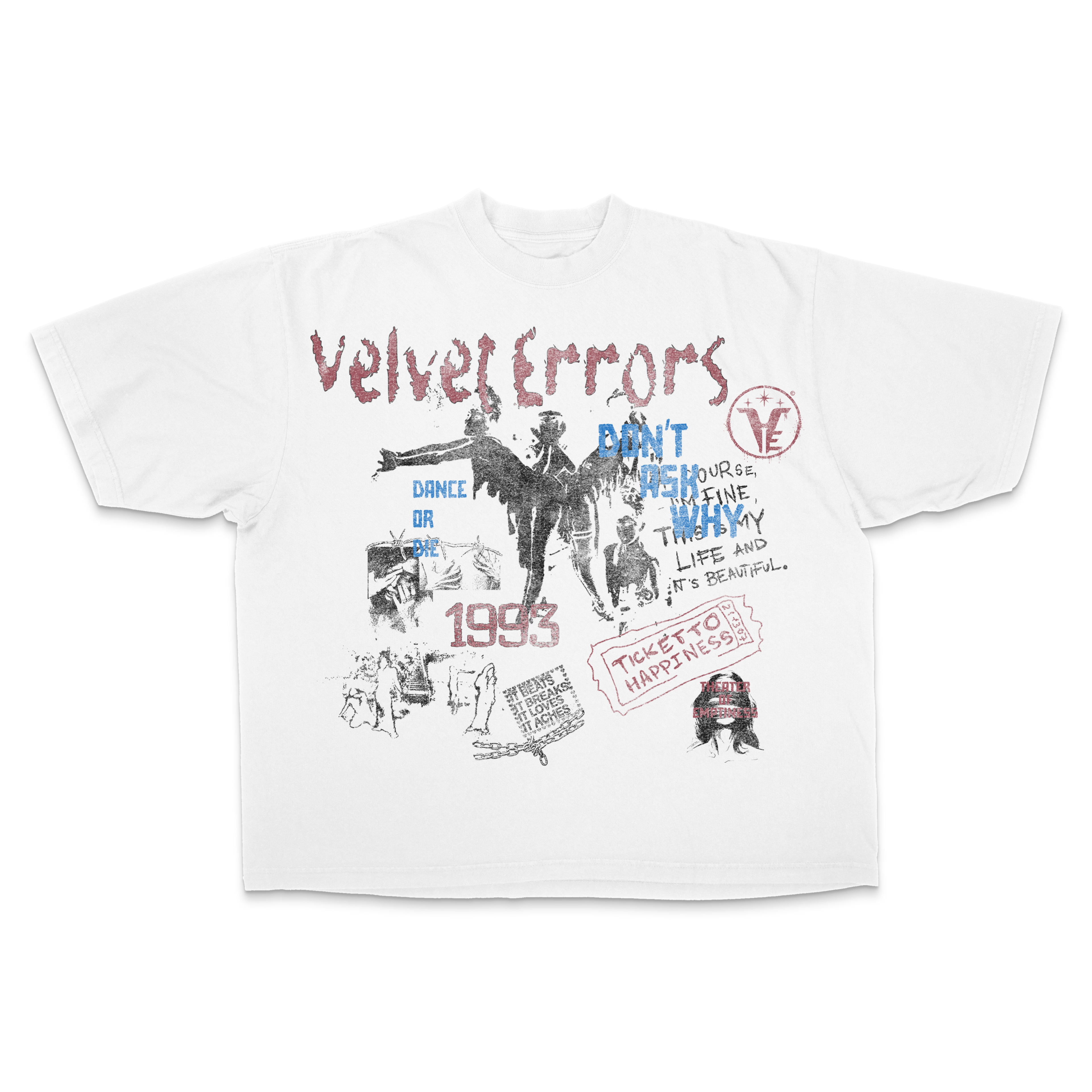 White Velvet Errors Dance or Die Drop Tee featuring bold graphic print on the front, casual crewneck style.