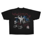 White DANCE OR DIE Drop Tee by Velvet Errors, casual t-shirt with bold graphic print, front view on a plain background.