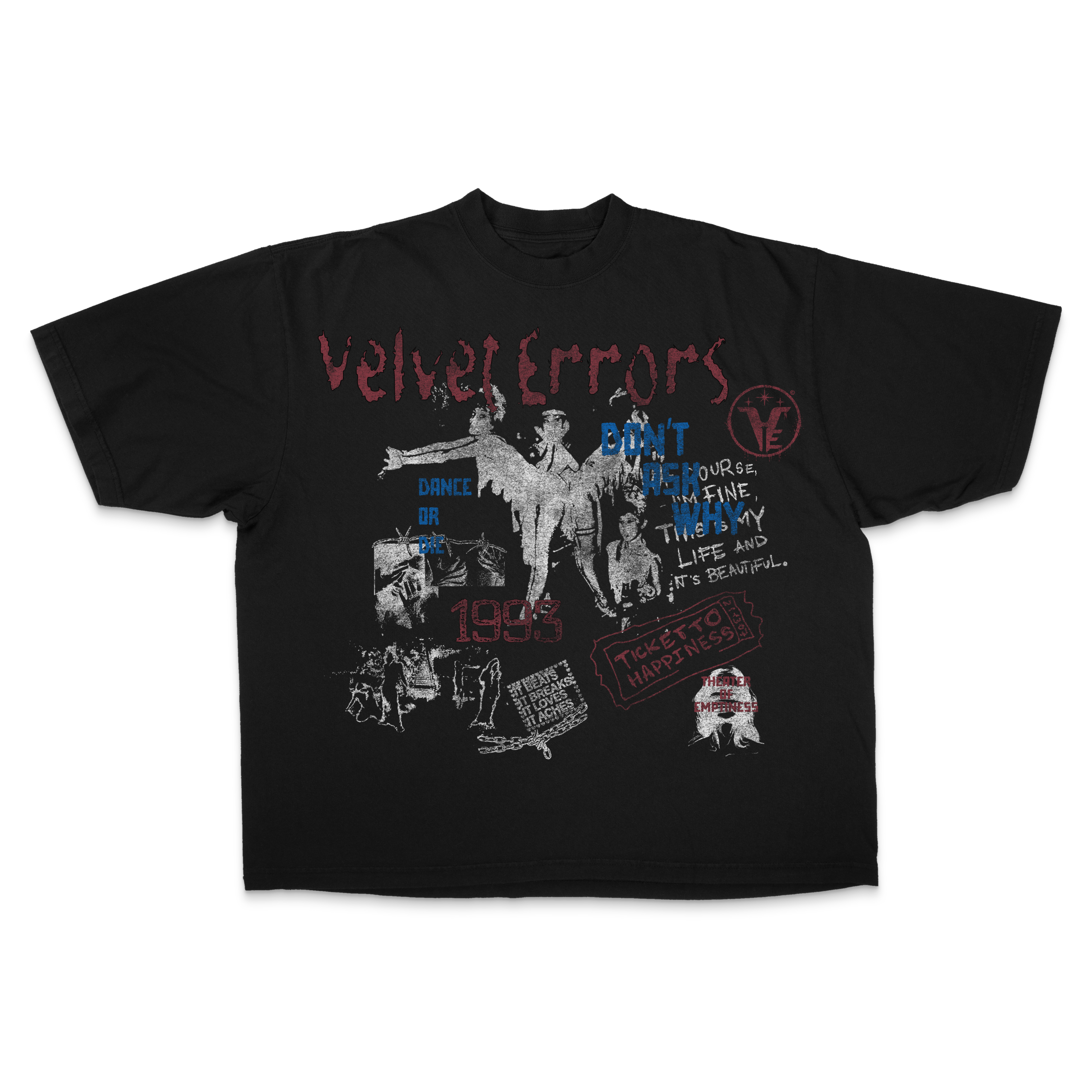 White DANCE OR DIE Drop Tee by Velvet Errors, casual t-shirt with bold graphic print, front view on a plain background.