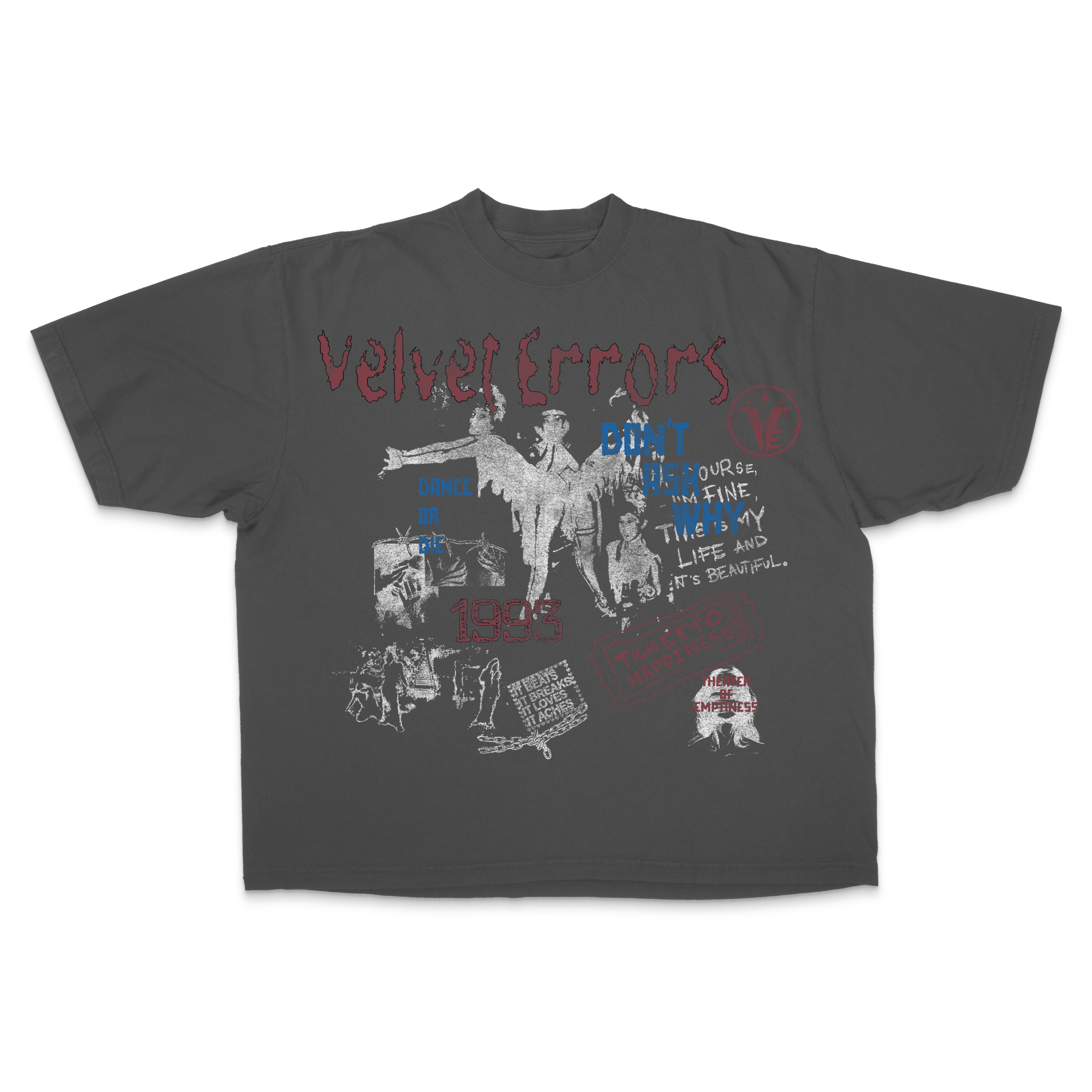 White DANCE OR DIE Drop T-shirt by Velvet Errors featuring bold text and casual fit, displayed on a neutral background.