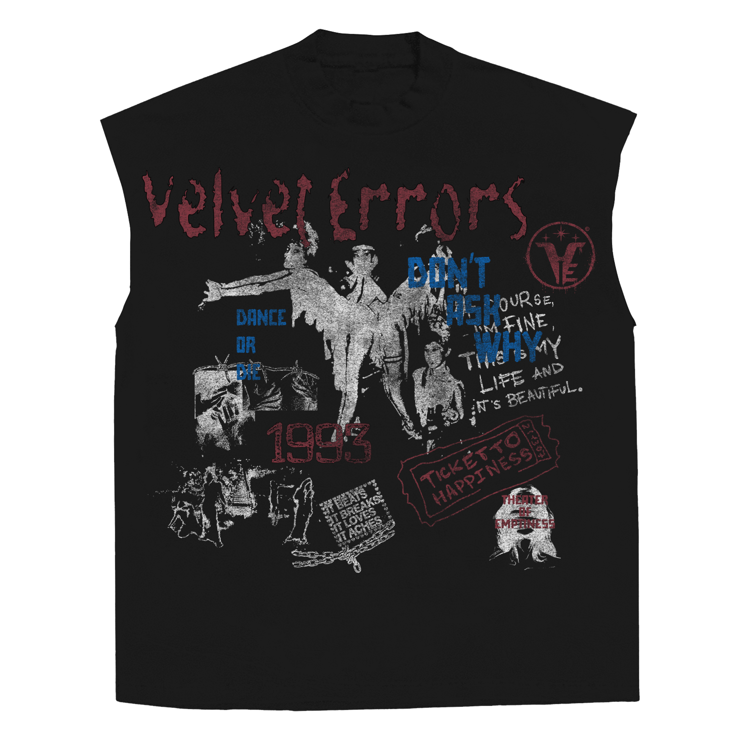 White sleeveless dance or die tee by Velvet Errors featuring bold graphic print on front.