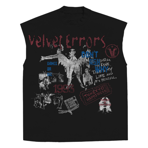 White sleeveless dance or die tee by Velvet Errors featuring bold graphic print on front.