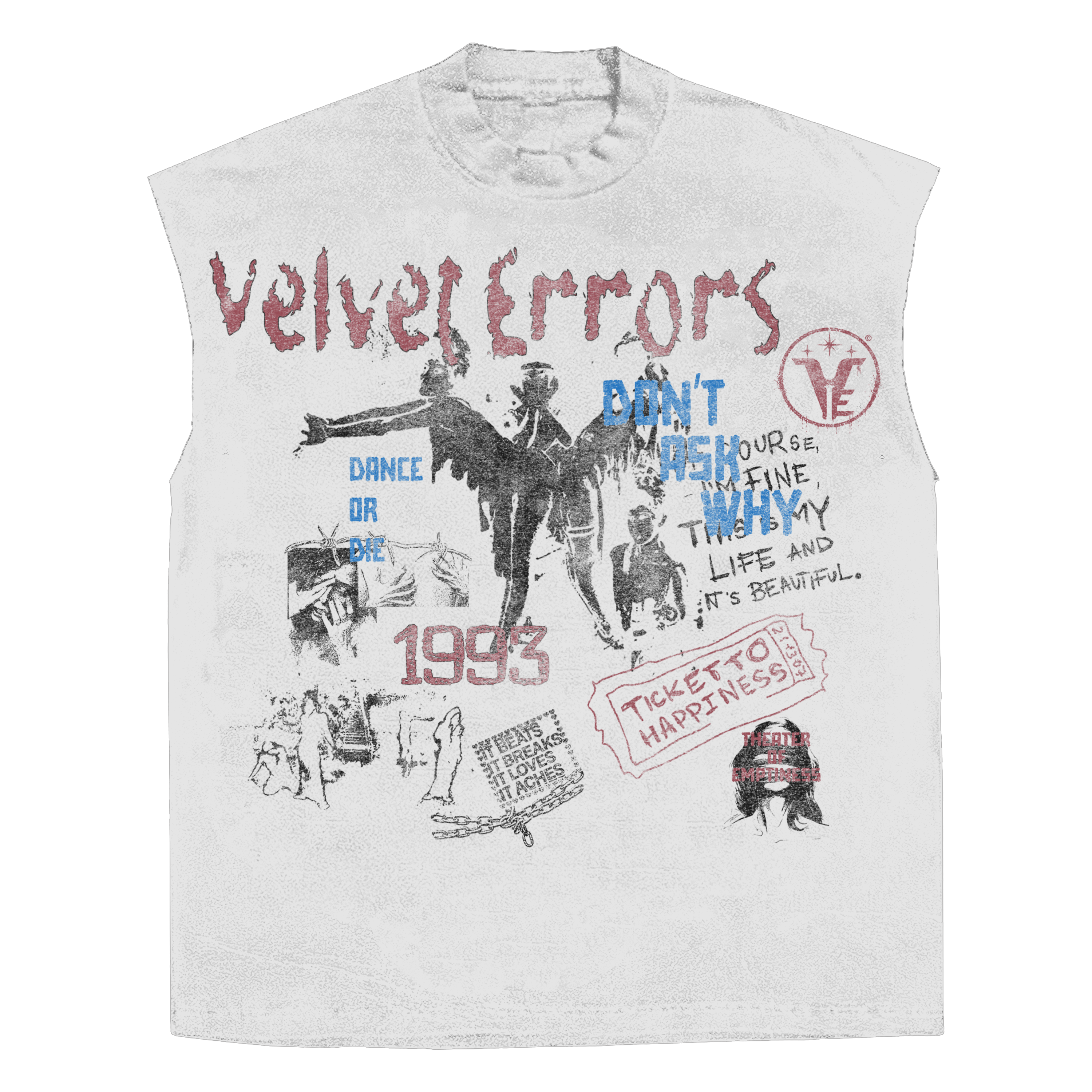 White Velvet Errors Dance Or Die sleeveless tee with bold black graphic print, casual streetwear style.