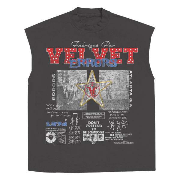 White sleeveless T-shirt from Velvet Errors with "Don't Pretend" graphic, casual style, and soft fabric.