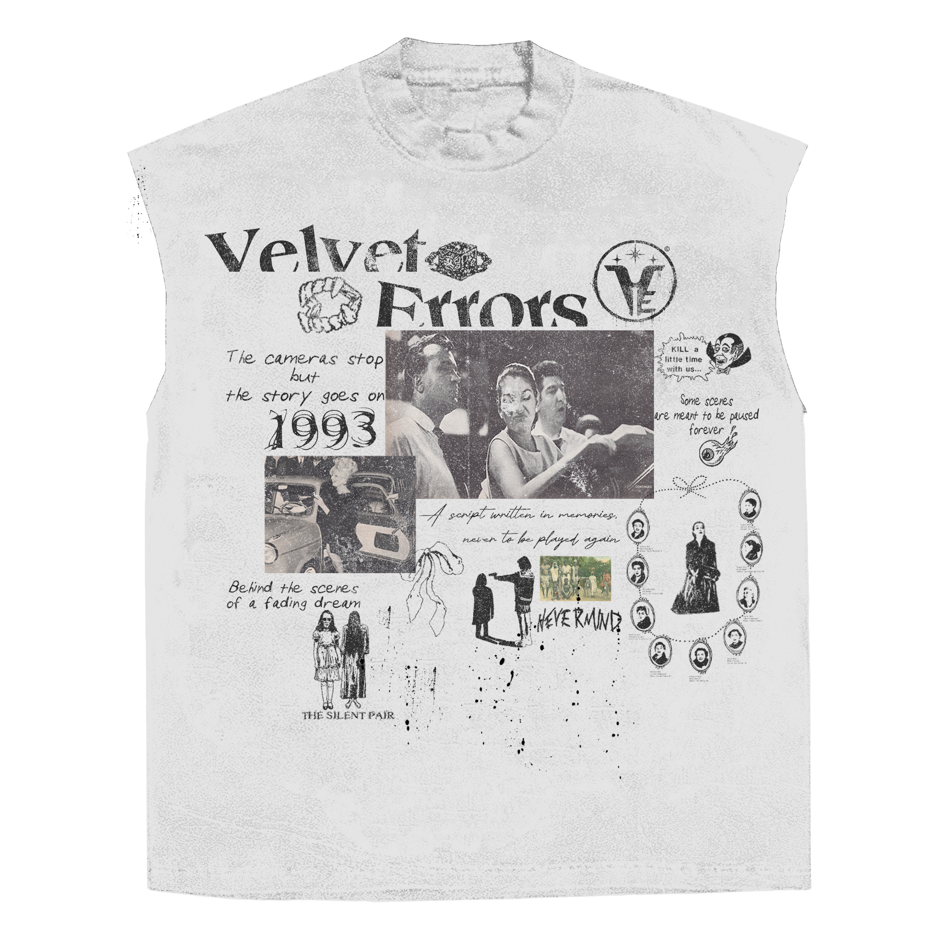 White Velvet Errors fade out sleeveless tee displayed on a hanger, showcasing casual sleeveless t-shirt design.