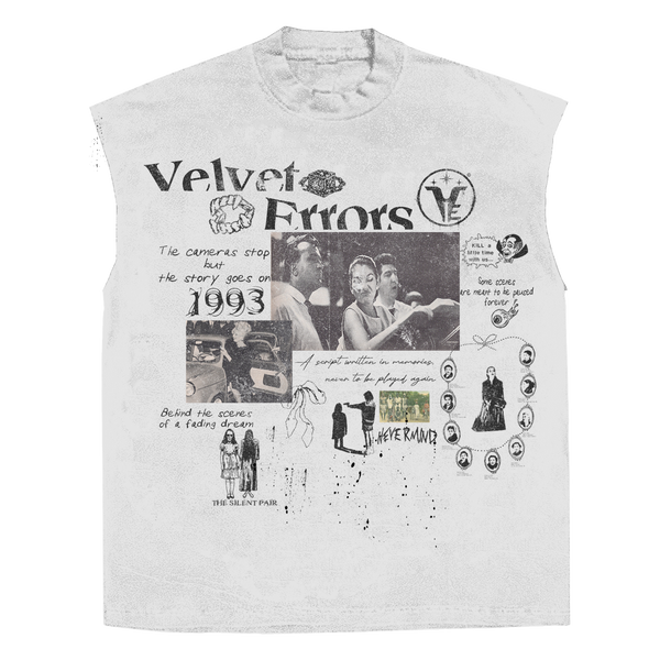 White Velvet Errors fade out sleeveless tee displayed on a hanger, showcasing casual sleeveless t-shirt design.