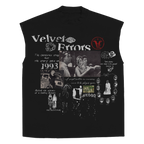 White velvet errors fade-out sleeveless tee with a relaxed fit, showcasing soft fabric and sleeveless design.