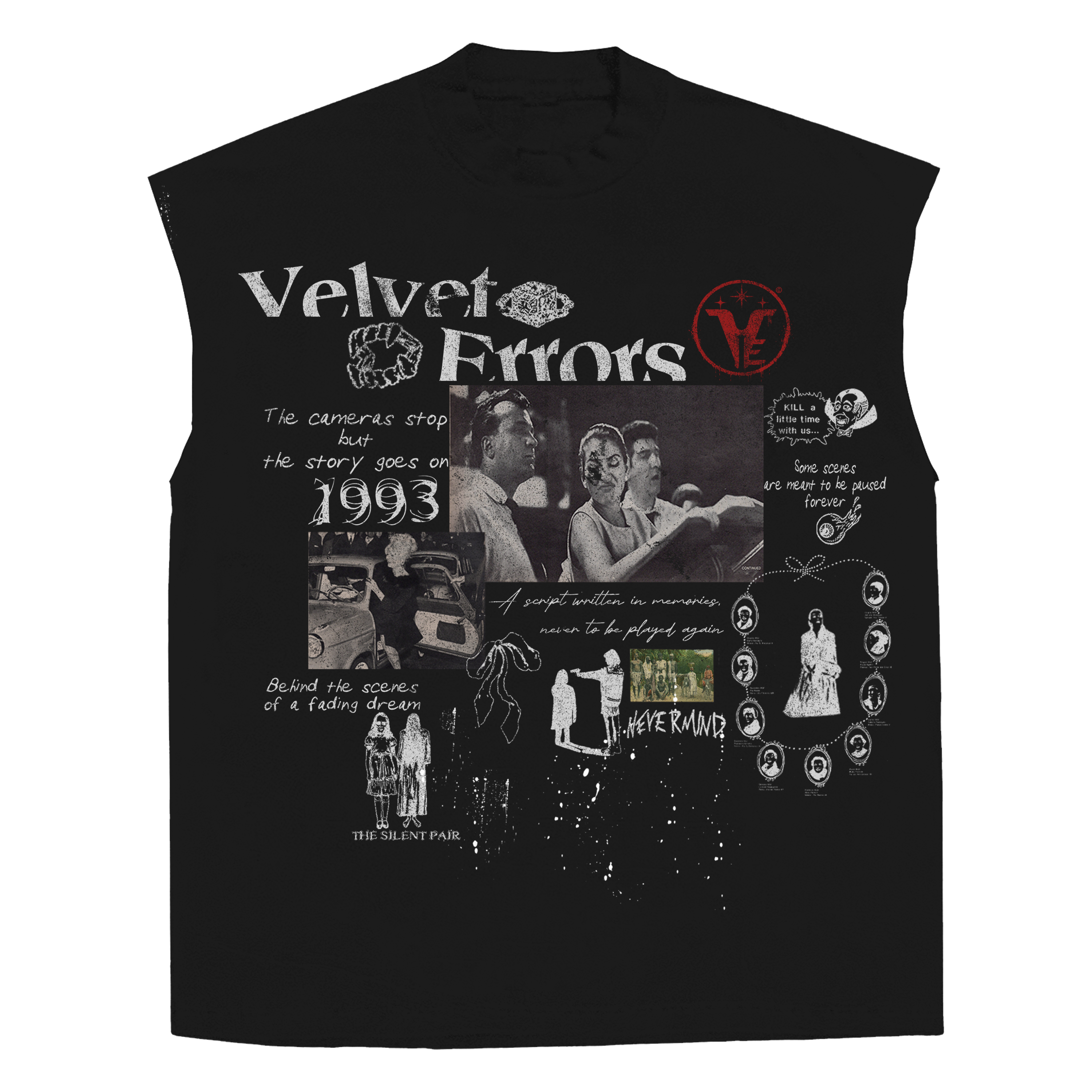 White velvet errors fade-out sleeveless tee with a relaxed fit, showcasing soft fabric and sleeveless design.
