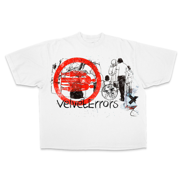 White Velvet Errors Fragments Drop Tee featuring a relaxed fit and minimalist design, displayed on a plain background.