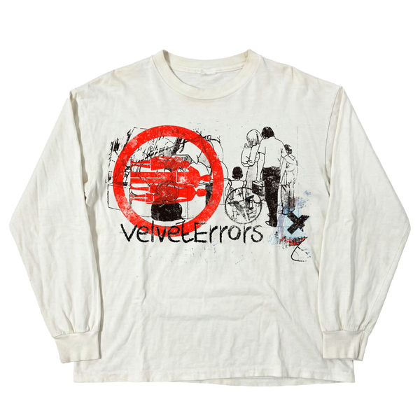 White Fragments Long Sleeve shirt by Velvet Errors, close-up of soft fabric and detailed stitching.