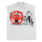 White sleeveless tee by Velvet Errors featuring a fragmented design, casual fit, and soft fabric for a modern, minimalist style.