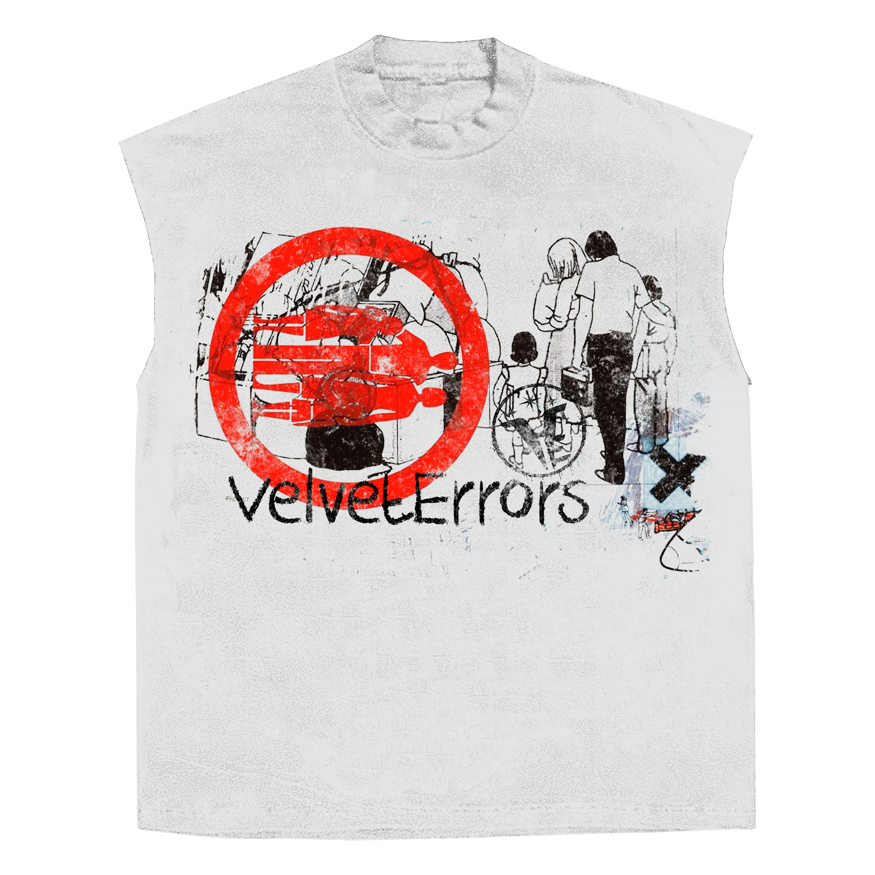 White sleeveless tee by Velvet Errors featuring a fragmented design, casual fit, and soft fabric for a modern, minimalist style.