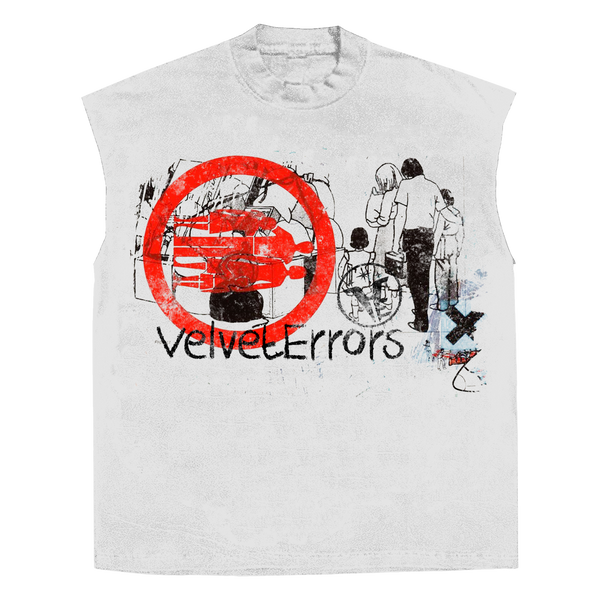 White sleeveless tee by Velvet Errors featuring a fragmented design, casual fit, and soft fabric for a modern, minimalist style.