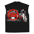 White sleeveless tee from Velvet Errors with small abstract fragment designs, casual fit, and comfortable fabric.