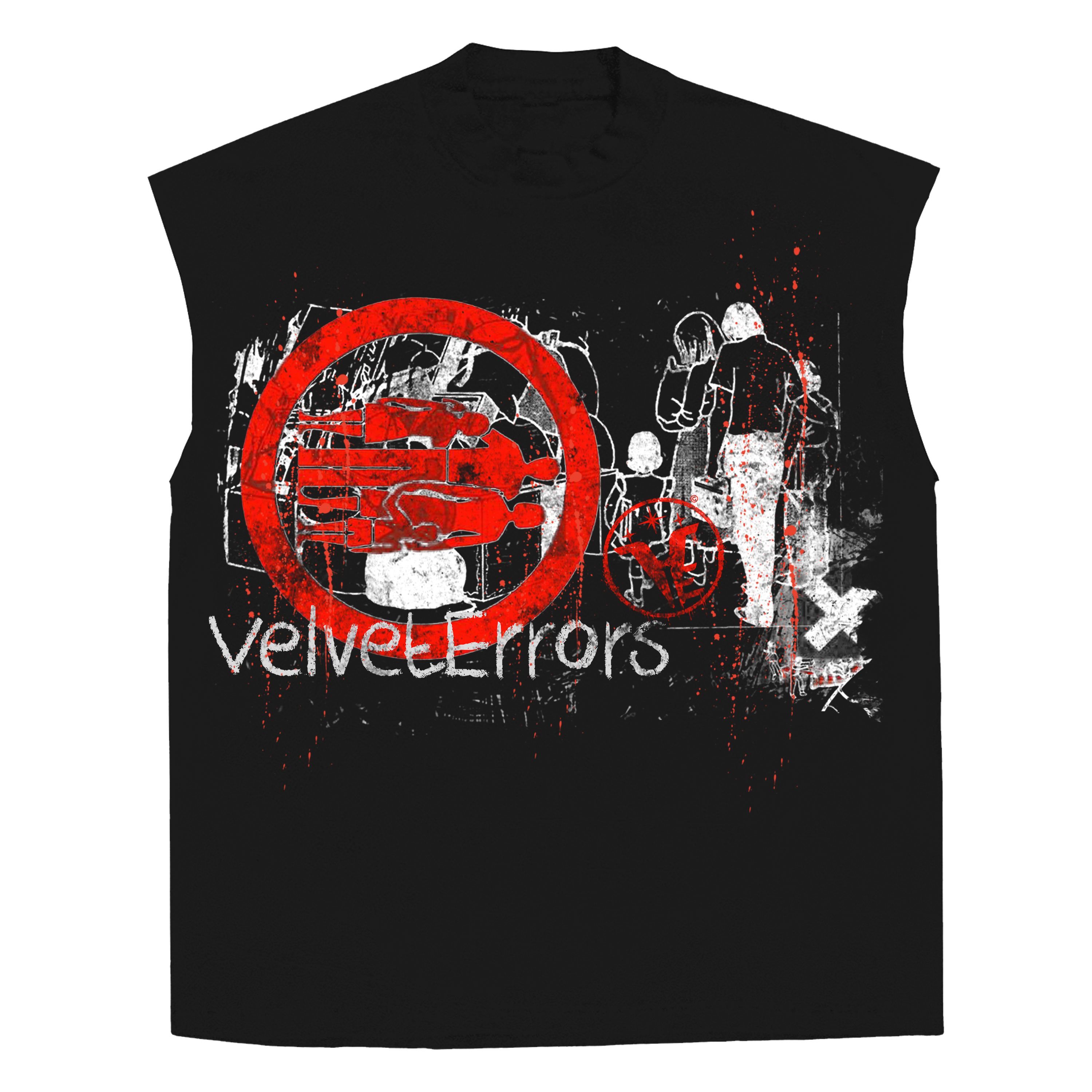 White sleeveless tee from Velvet Errors with small abstract fragment designs, casual fit, and comfortable fabric.