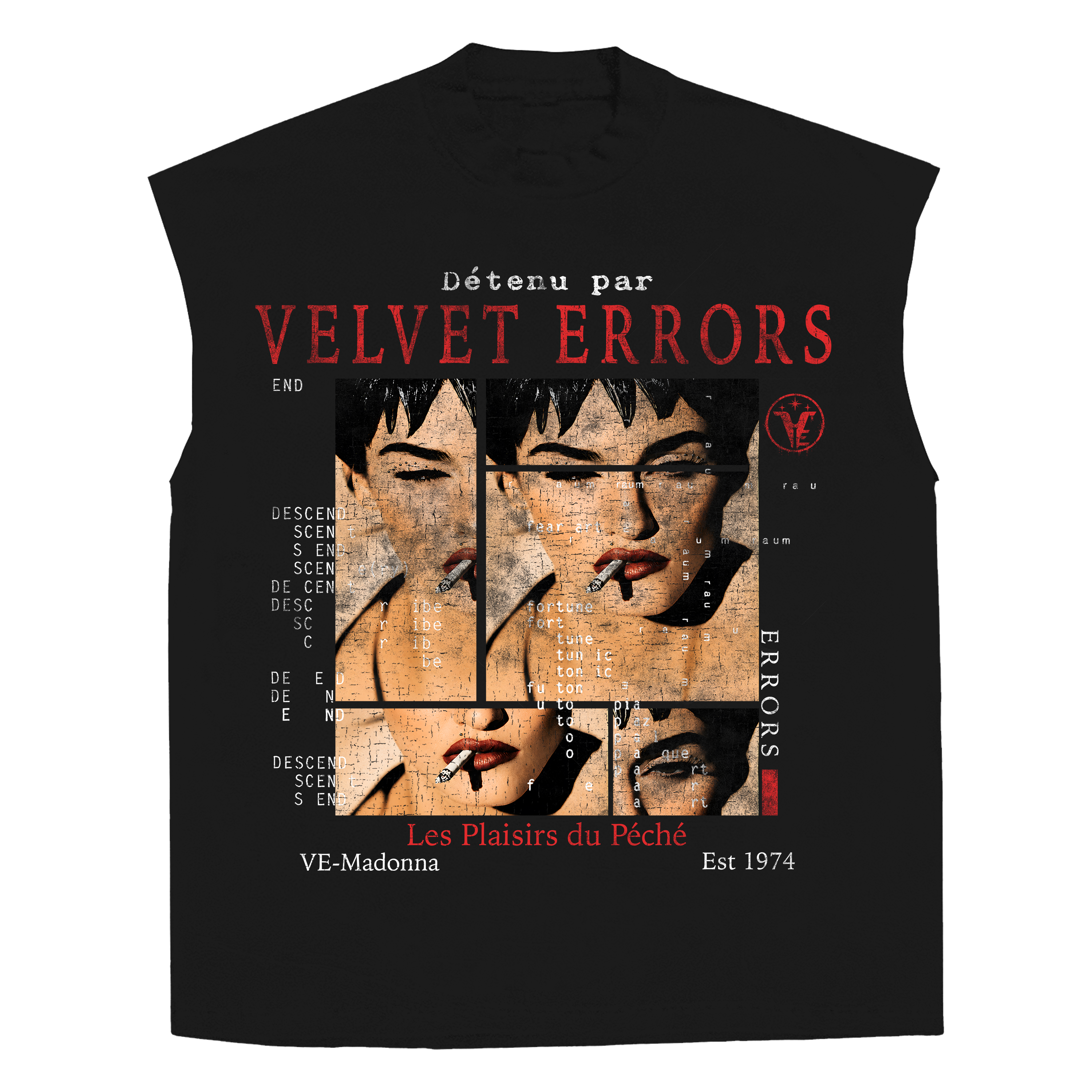 White Madonna sleeveless T-shirt by Velvet Errors featuring a printed graphic on the front.