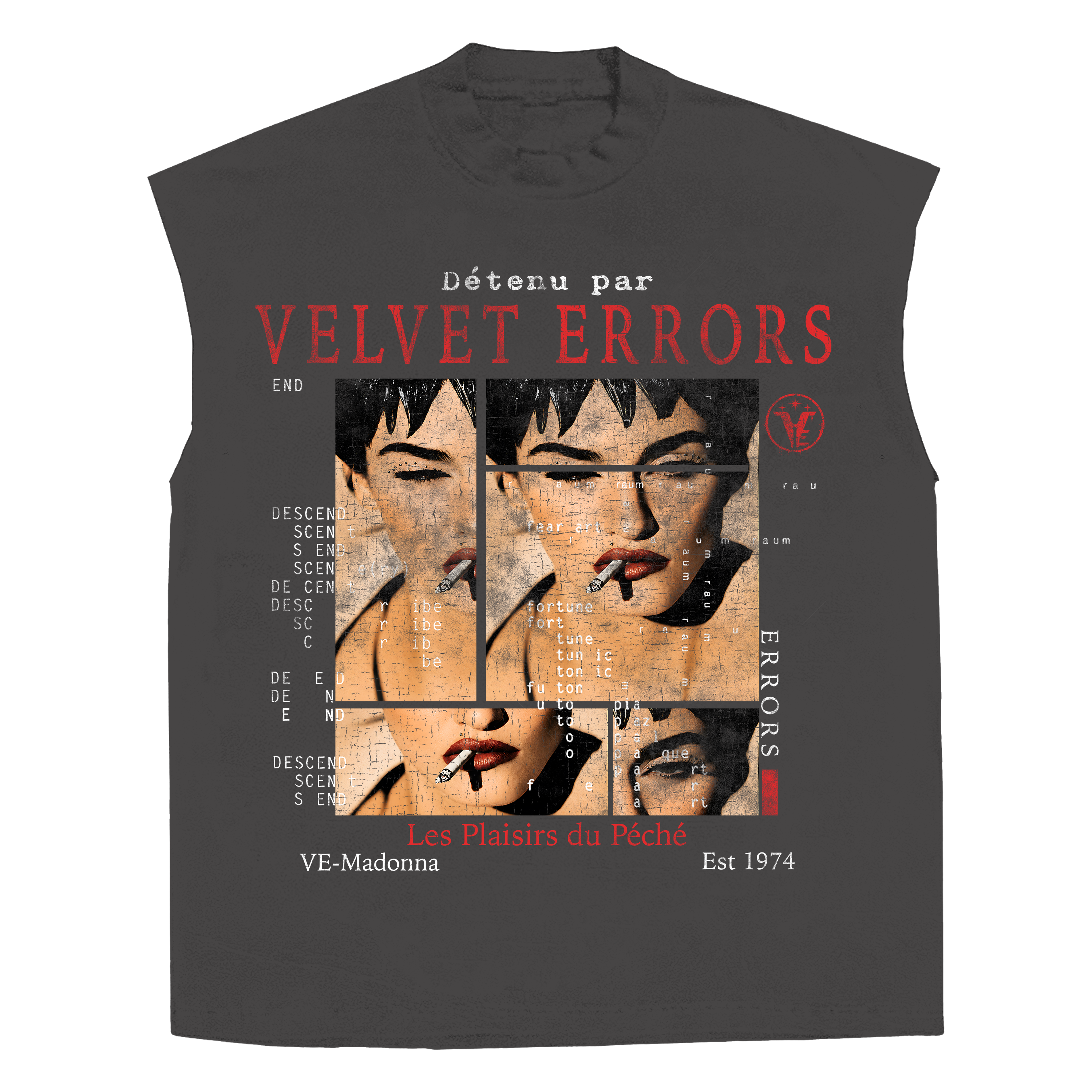 White Madonna sleeveless T-shirt by Velvet Errors, featuring a relaxed fit and minimalist design with graphic print.