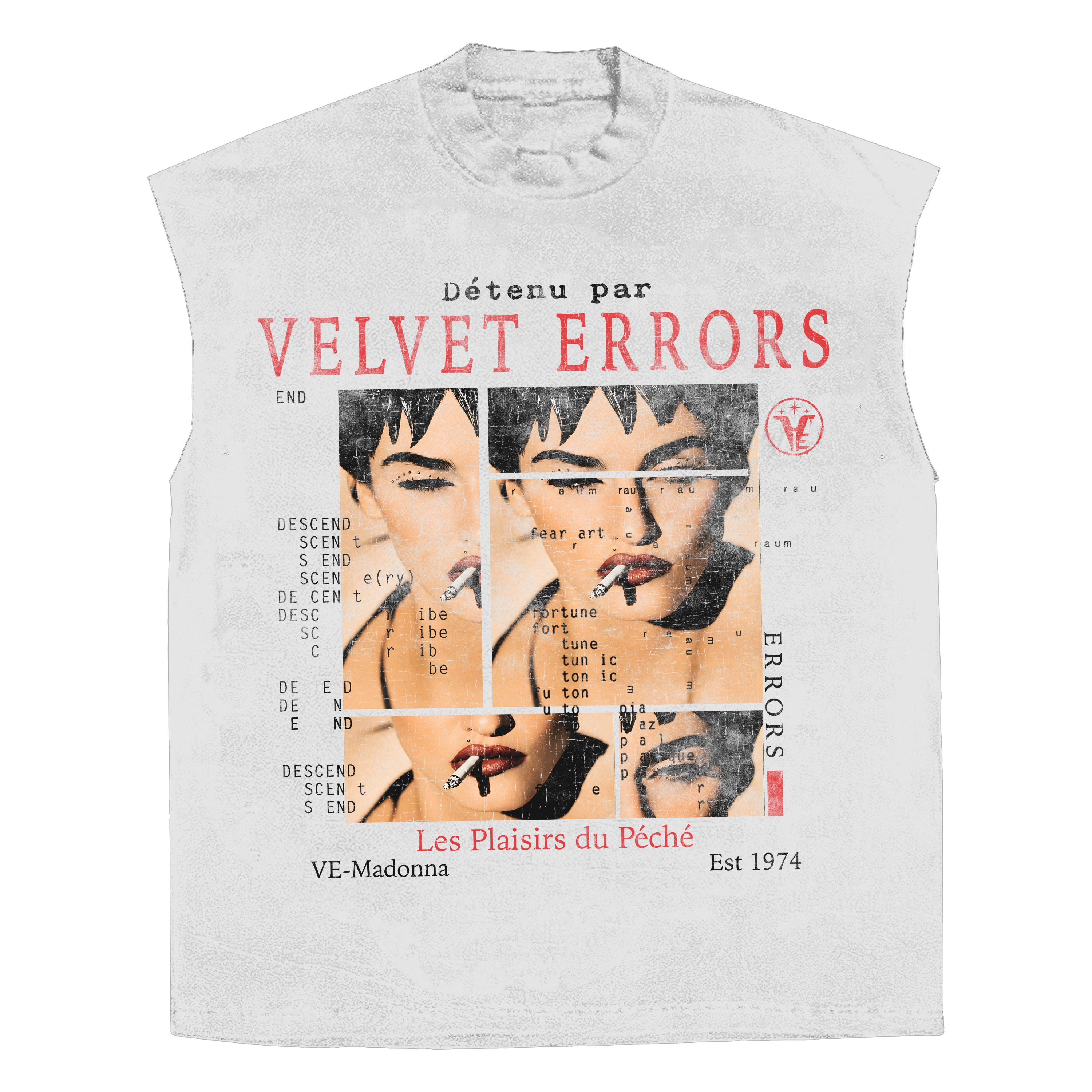 White Madonna sleeveless T-shirt by Velvet Errors, featuring a relaxed fit and casual style.