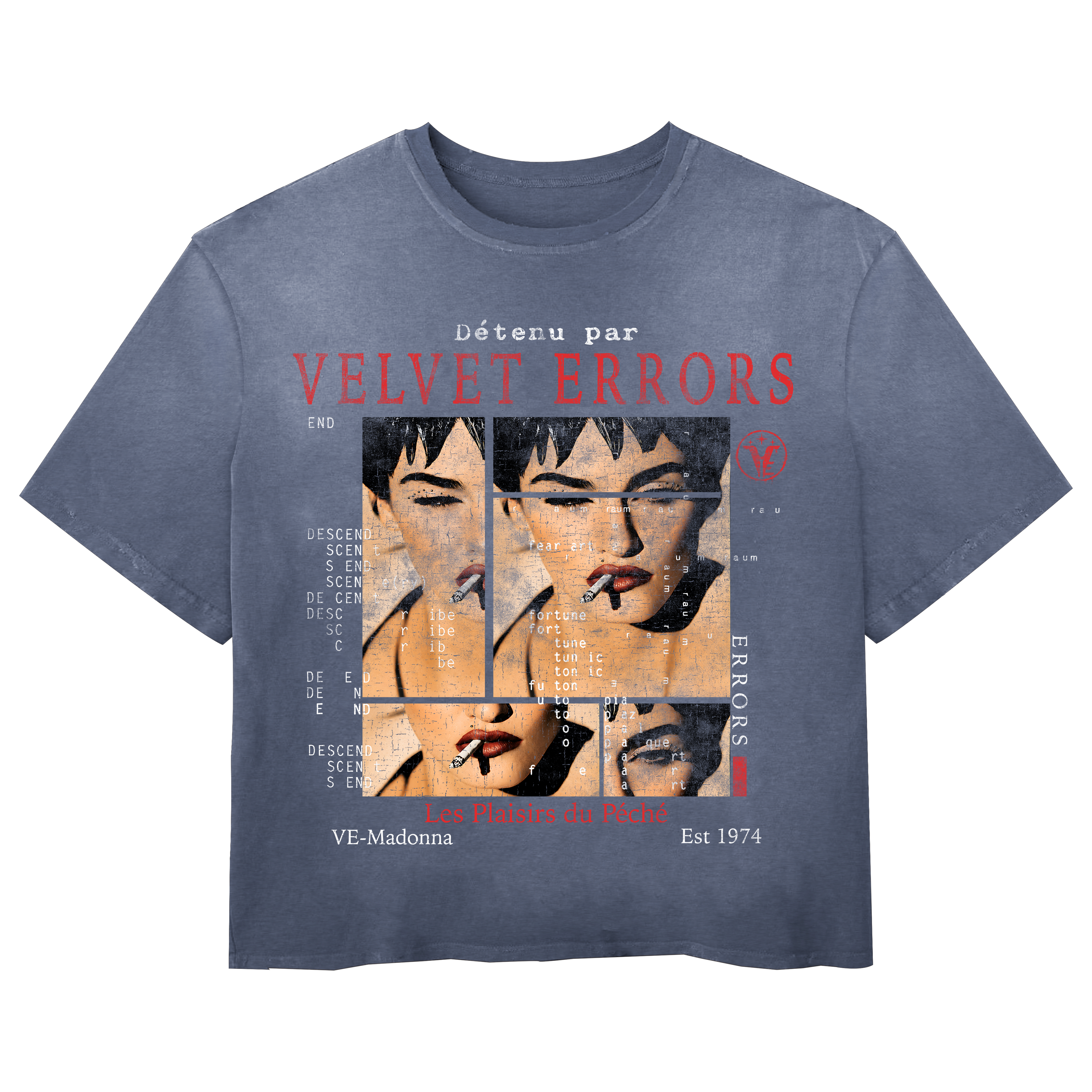 Small white Madonna Wash T-shirt by Velvet Errors, casual cotton tee with graphic print, close-up of front view.