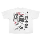 White Redemption Drop Tee by Velvet Errors featuring a red graphic design on the front.