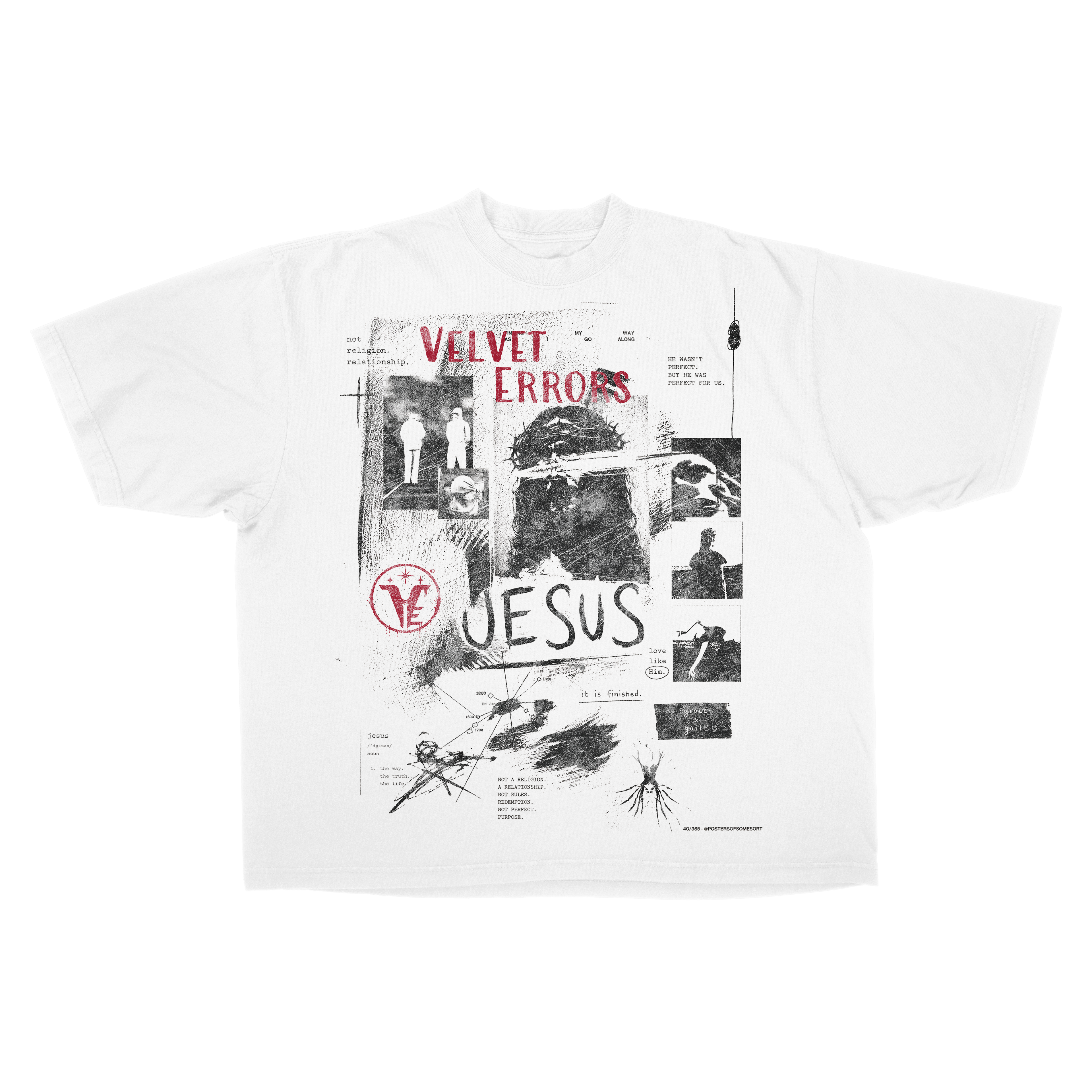 White Redemption Drop Tee by Velvet Errors featuring a red graphic design on the front.