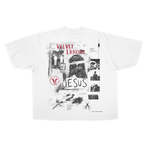 White Redemption Drop Tee by Velvet Errors featuring a red graphic design on the front.