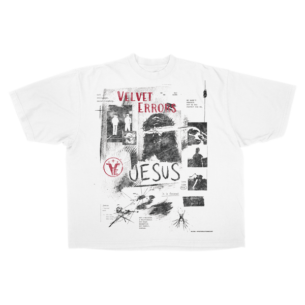 White Redemption Drop Tee by Velvet Errors featuring a red graphic design on the front.