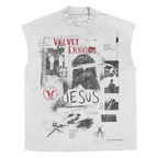 White Redemption sleeveless T-shirt by Velvet Errors with red graphic print on front, casual and stylish men's apparel.