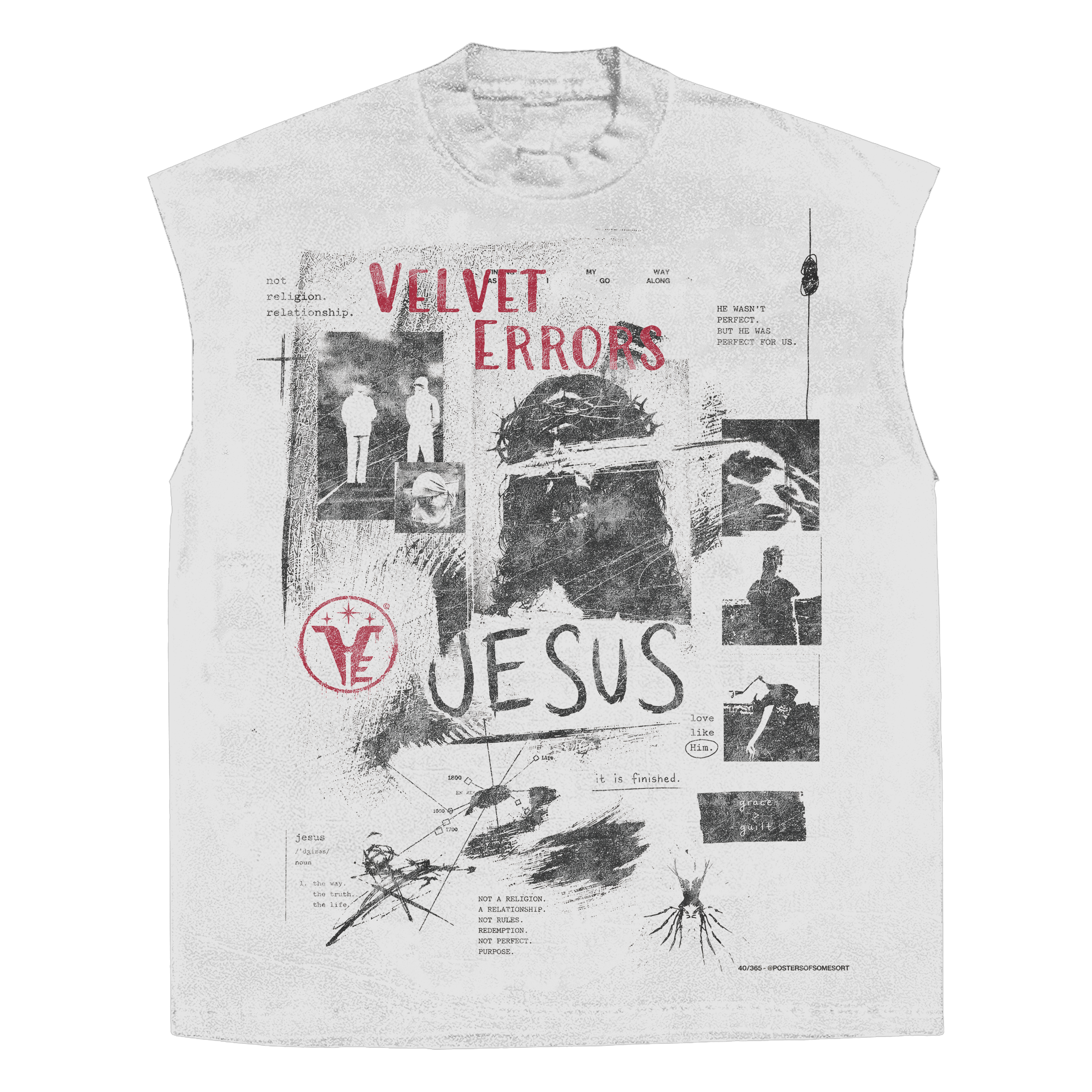White Redemption sleeveless T-shirt by Velvet Errors with red graphic print on front, casual and stylish men's apparel.