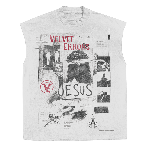 White Redemption sleeveless T-shirt by Velvet Errors with red graphic print on front, casual and stylish men's apparel.