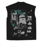 White Redemption sleeveless tee by Velvet Errors featuring a relaxed fit and bold red graphic design.