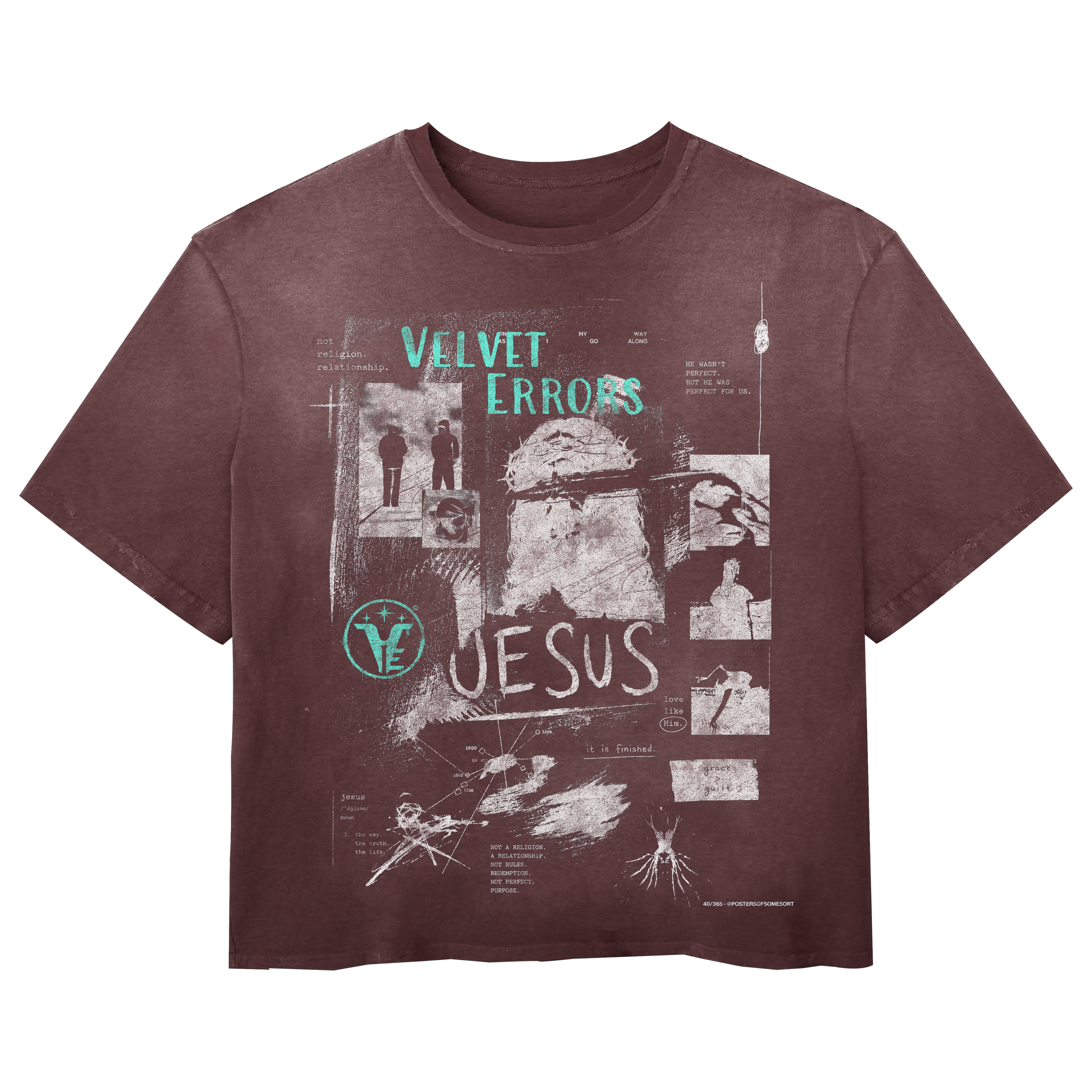Small white Redemption Wash Tee by Velvet Errors, casual cotton t-shirt with red graphic design on front.