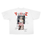 White Velvet Errors Rockstar Drop Tee displayed flat, showing the graphic design and soft cotton fabric with short sleeves.