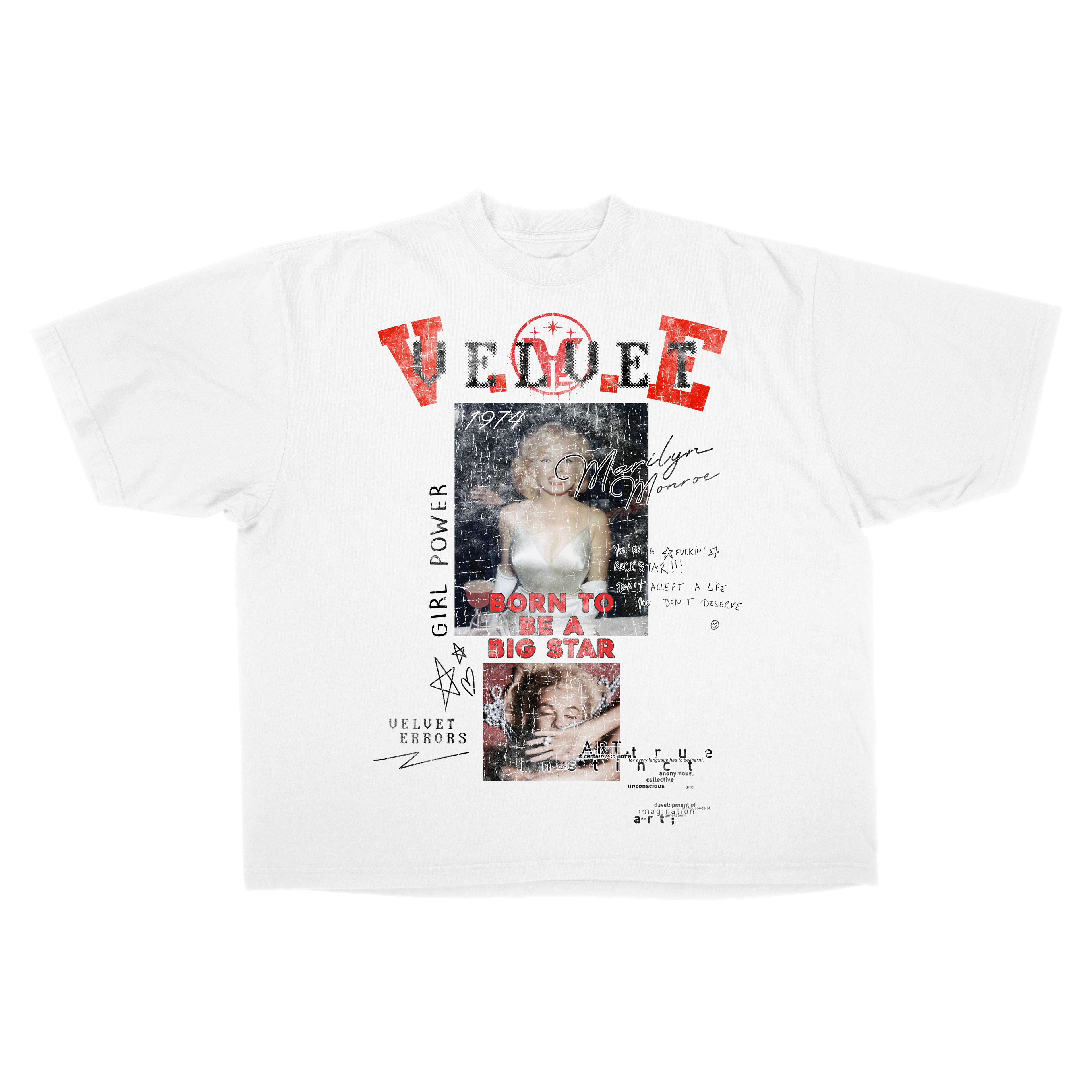 White Velvet Errors Rockstar Drop Tee displayed flat, showing the graphic design and soft cotton fabric with short sleeves.