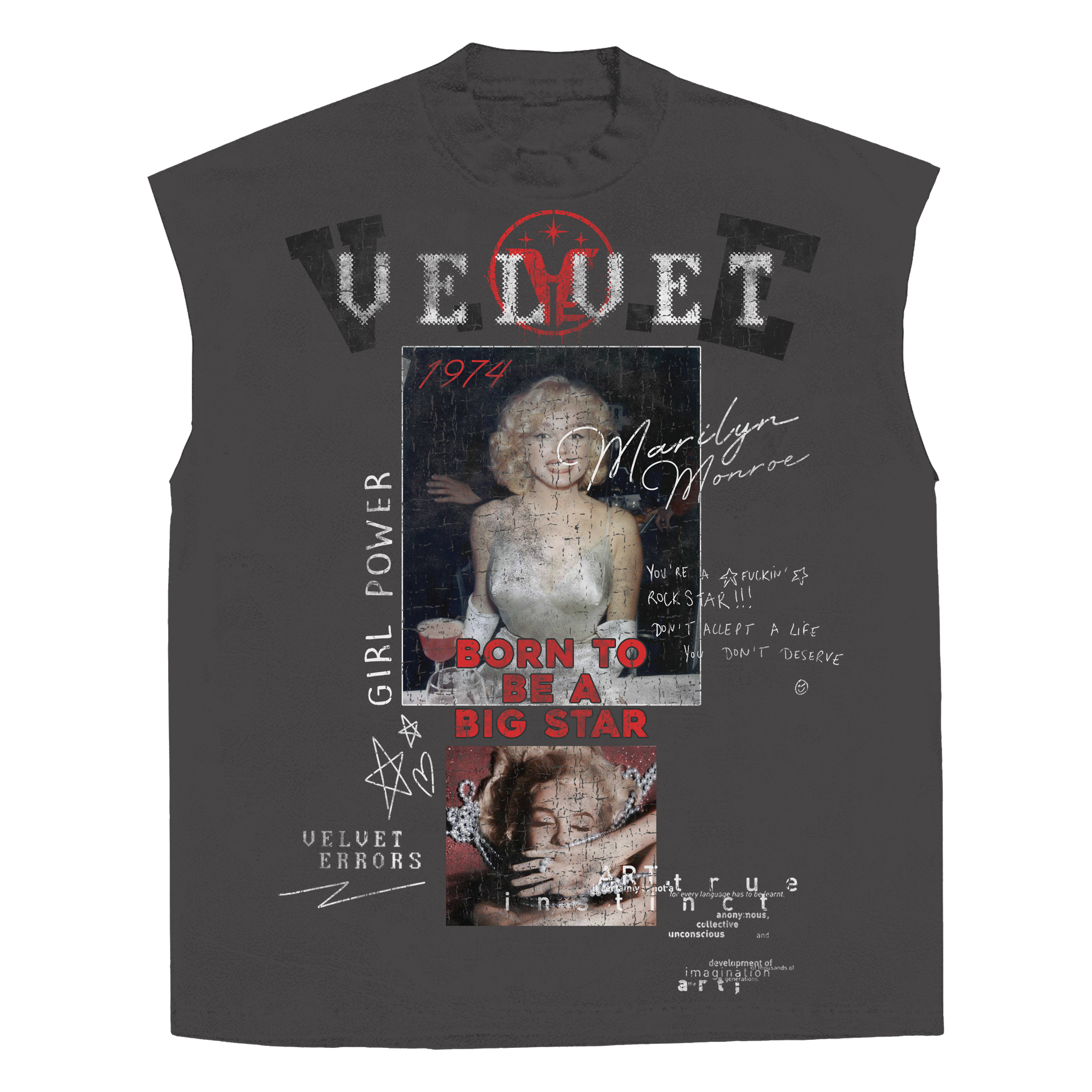 White sleeveless Rockstar tee by Velvet Errors featuring bold graphic design on lightweight fabric.