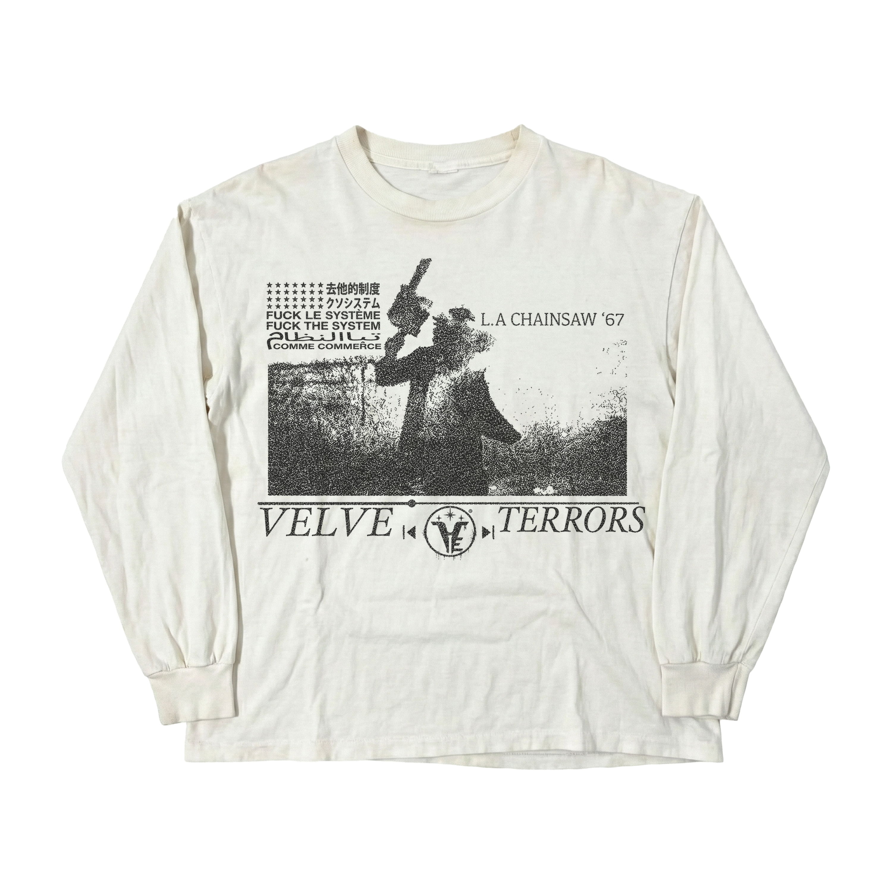 Small white long-sleeve Terrors shirt by Velvet Errors, featuring a soft velvet fabric and a stylish, casual fit.