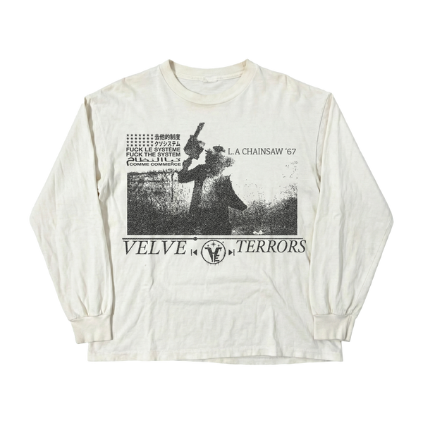 Small white long-sleeve Terrors shirt by Velvet Errors, featuring a soft velvet fabric and a stylish, casual fit.