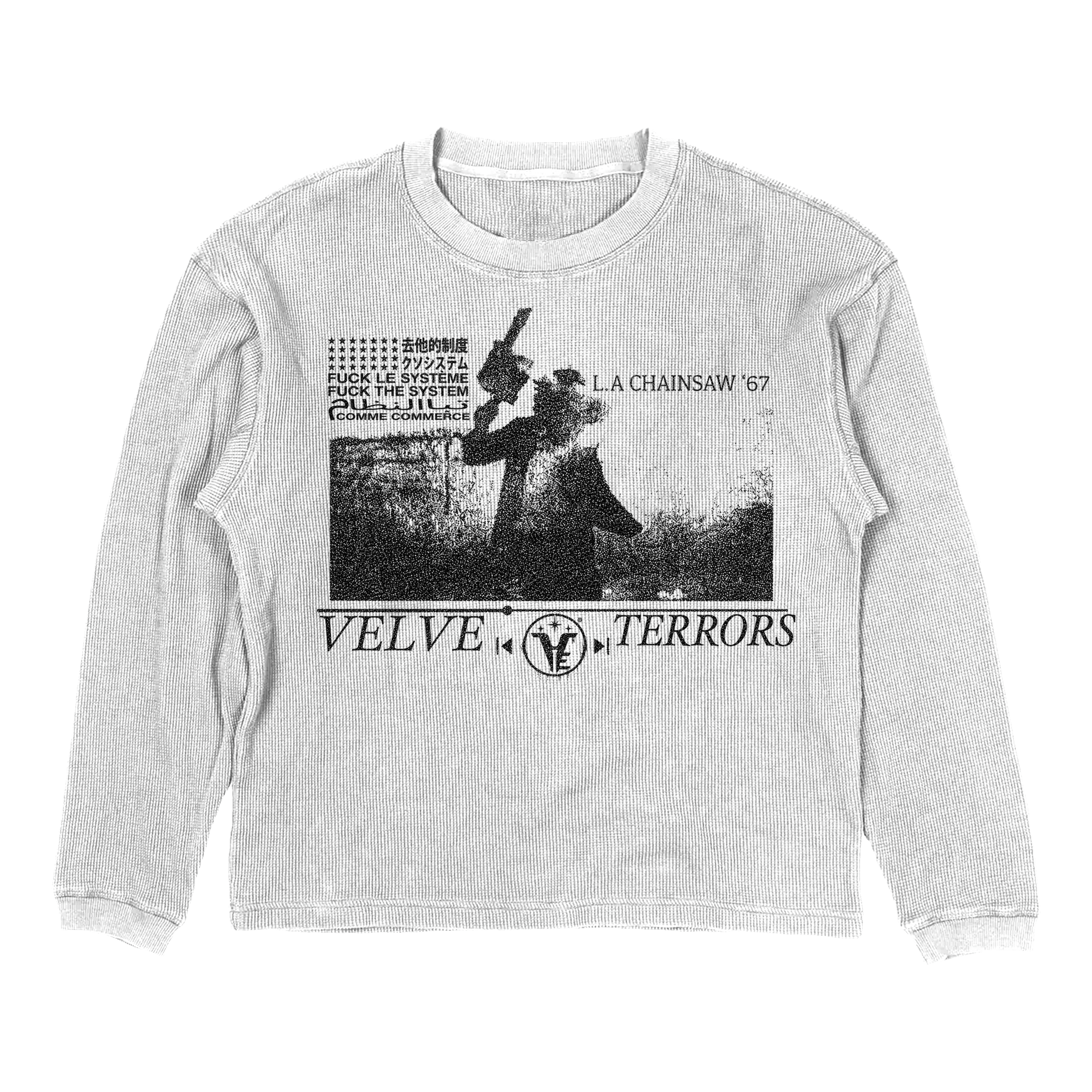 Small white velvet errors Terrors thermal shirt with textured fabric and long sleeves, stylish and comfortable for cold weather.