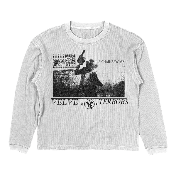 Small white velvet errors Terrors thermal shirt with textured fabric and long sleeves, stylish and comfortable for cold weather.