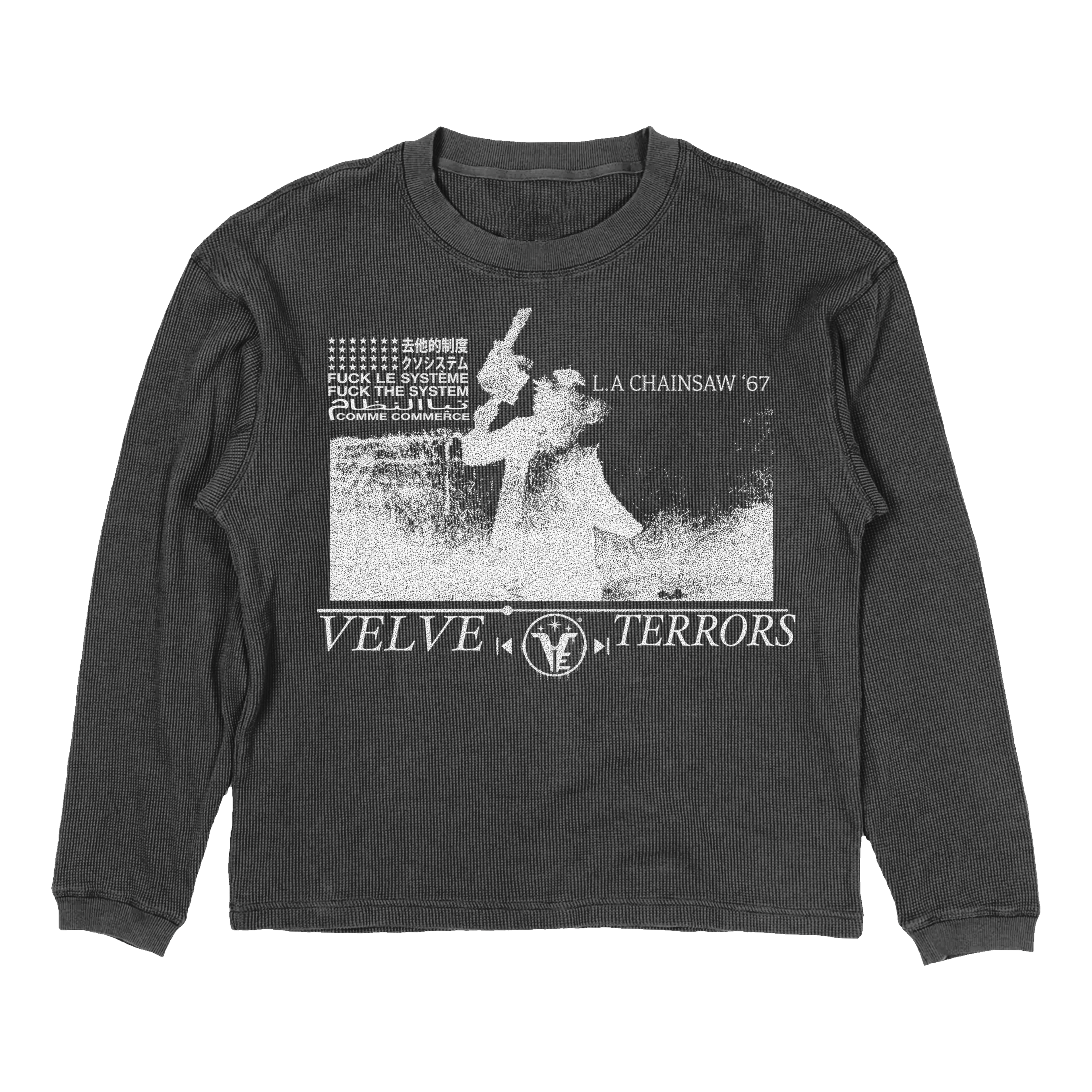 Small white Velvet Errors Terrors thermal shirt with soft fabric and comfortable fit, ideal for cold weather.