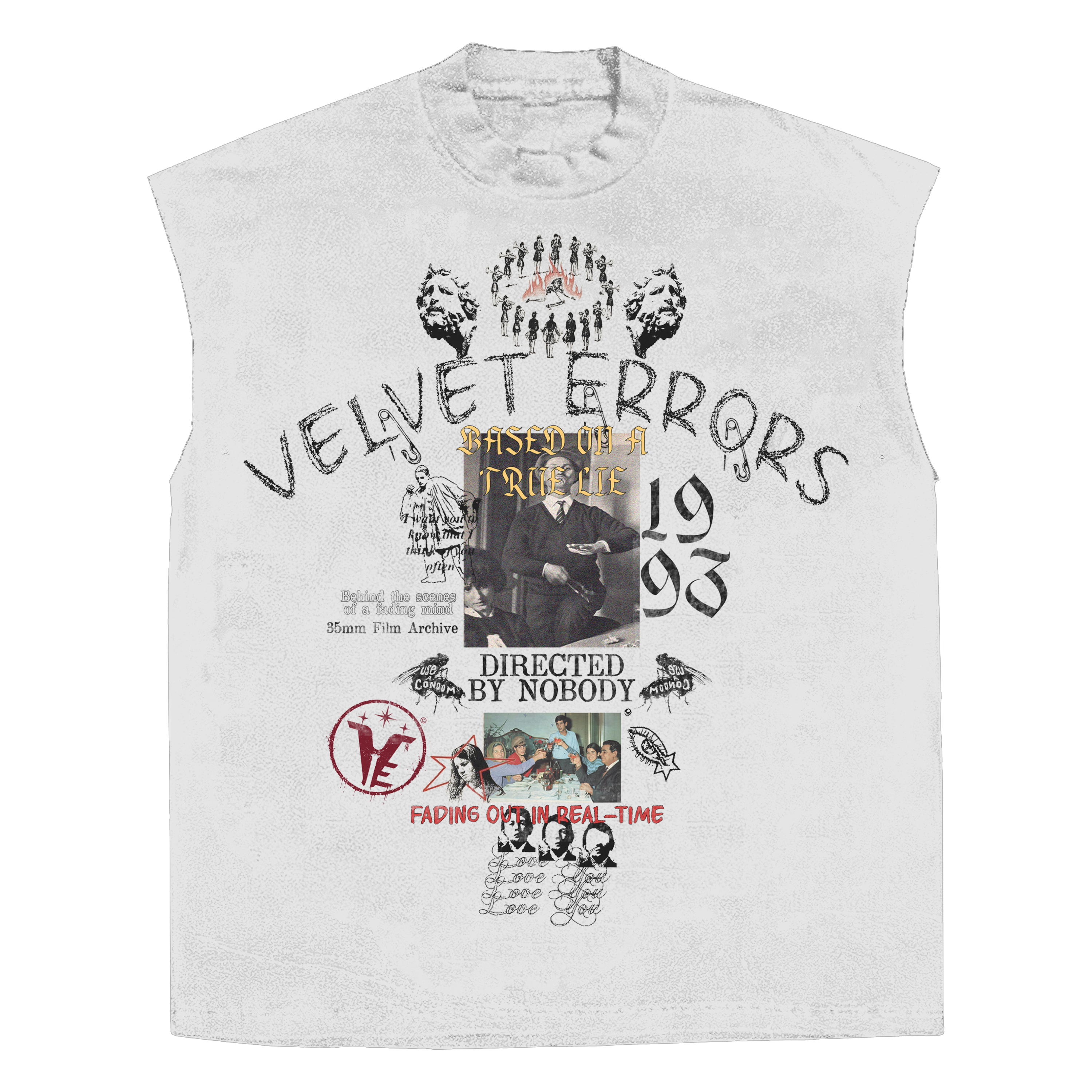 White sleeveless T-shirt from Velvet Errors' True Lies collection, featuring a simple, casual design.