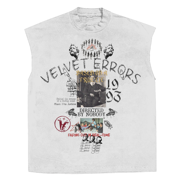 White sleeveless T-shirt from Velvet Errors' True Lies collection, featuring a simple, casual design.