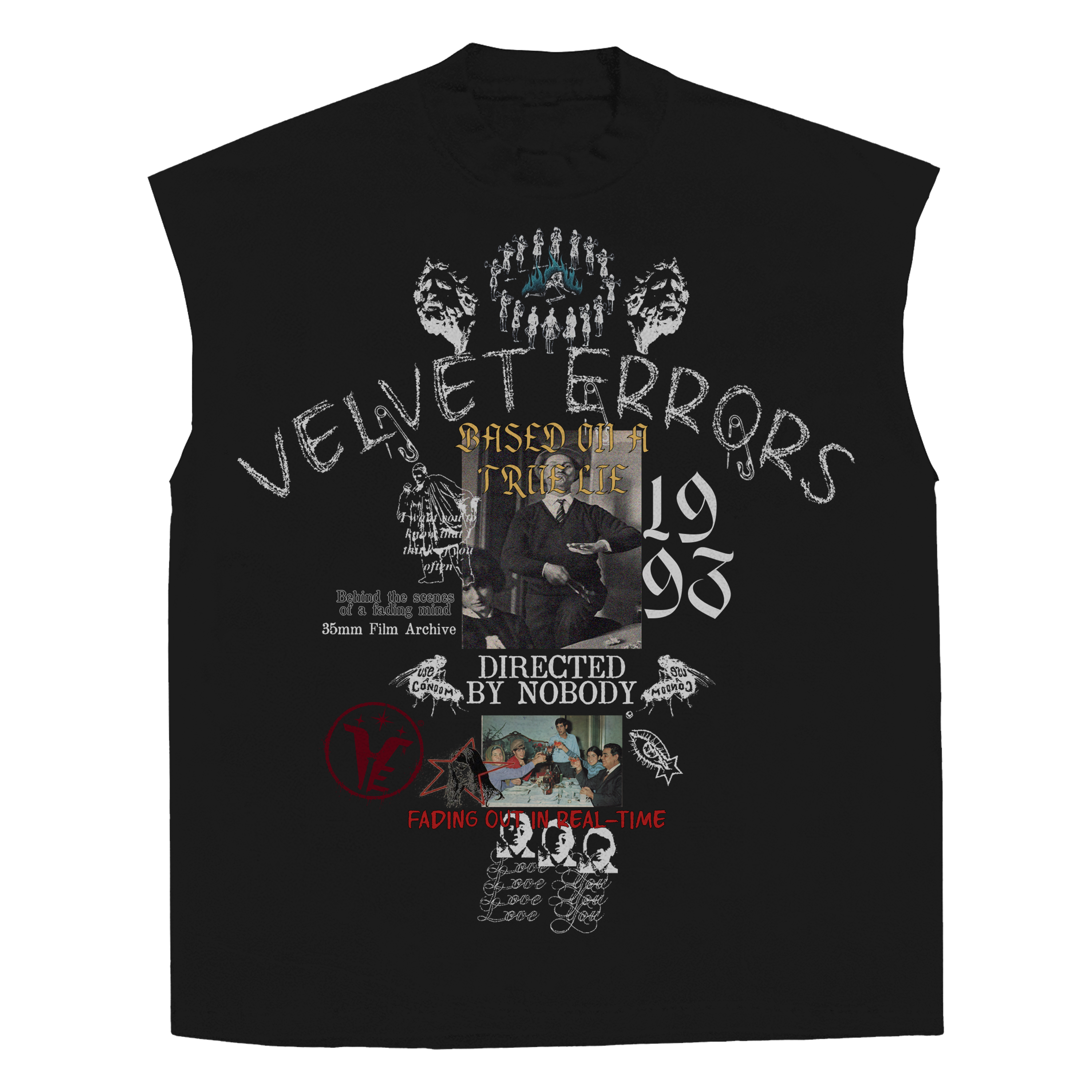 White sleeveless tee by Velvet Errors featuring the "True Lies" design, casual fit, and soft fabric for a relaxed look.
