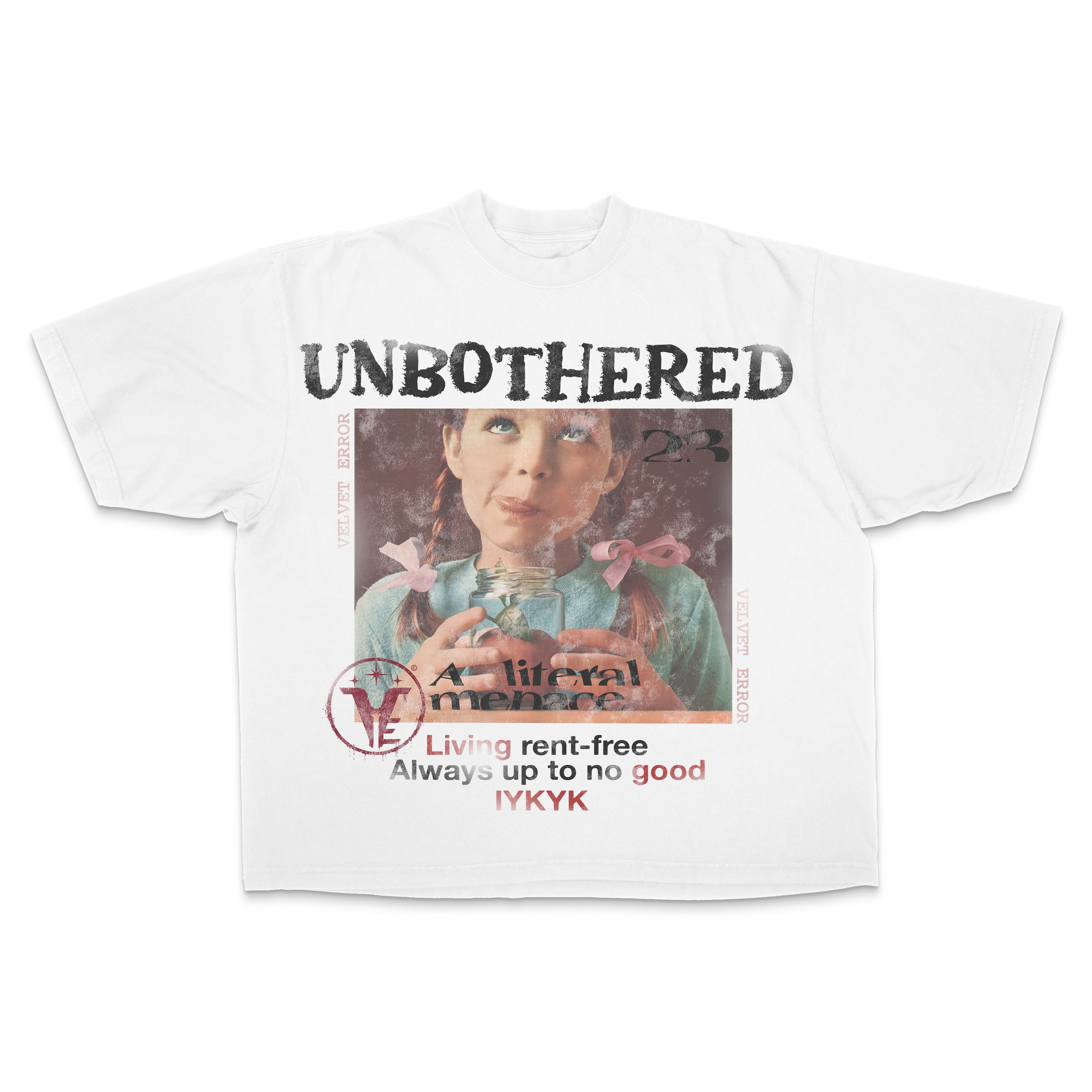 White Velvet Errors Unbothered Drop Tee displayed flat, showcasing the relaxed fit and minimalist design.