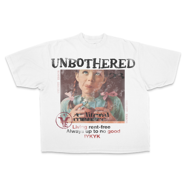 White Velvet Errors Unbothered Drop Tee displayed flat, showcasing the relaxed fit and minimalist design.