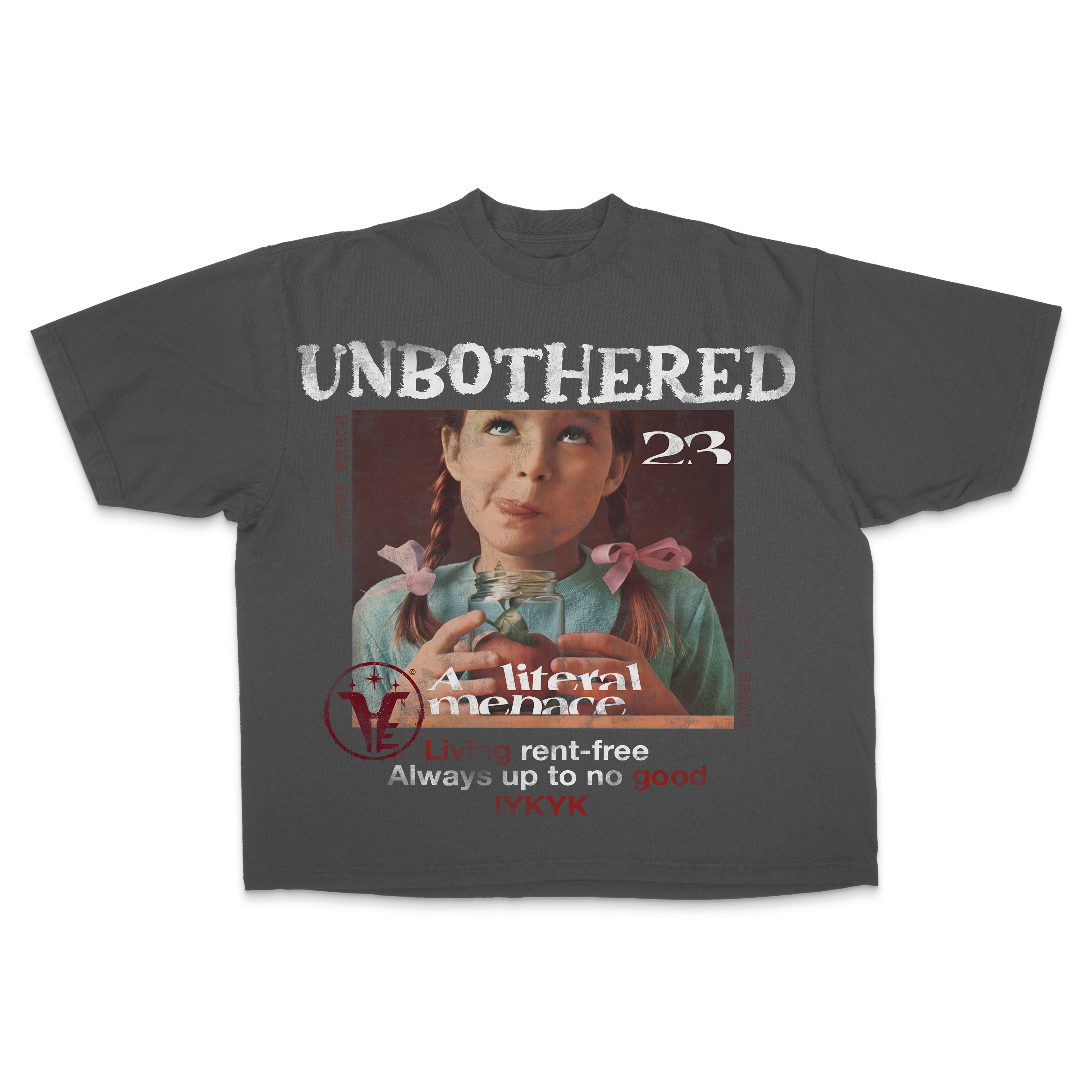 Small white Unbothered Drop Tee by Velvet Errors, featuring a relaxed fit and classic crew neckline.
