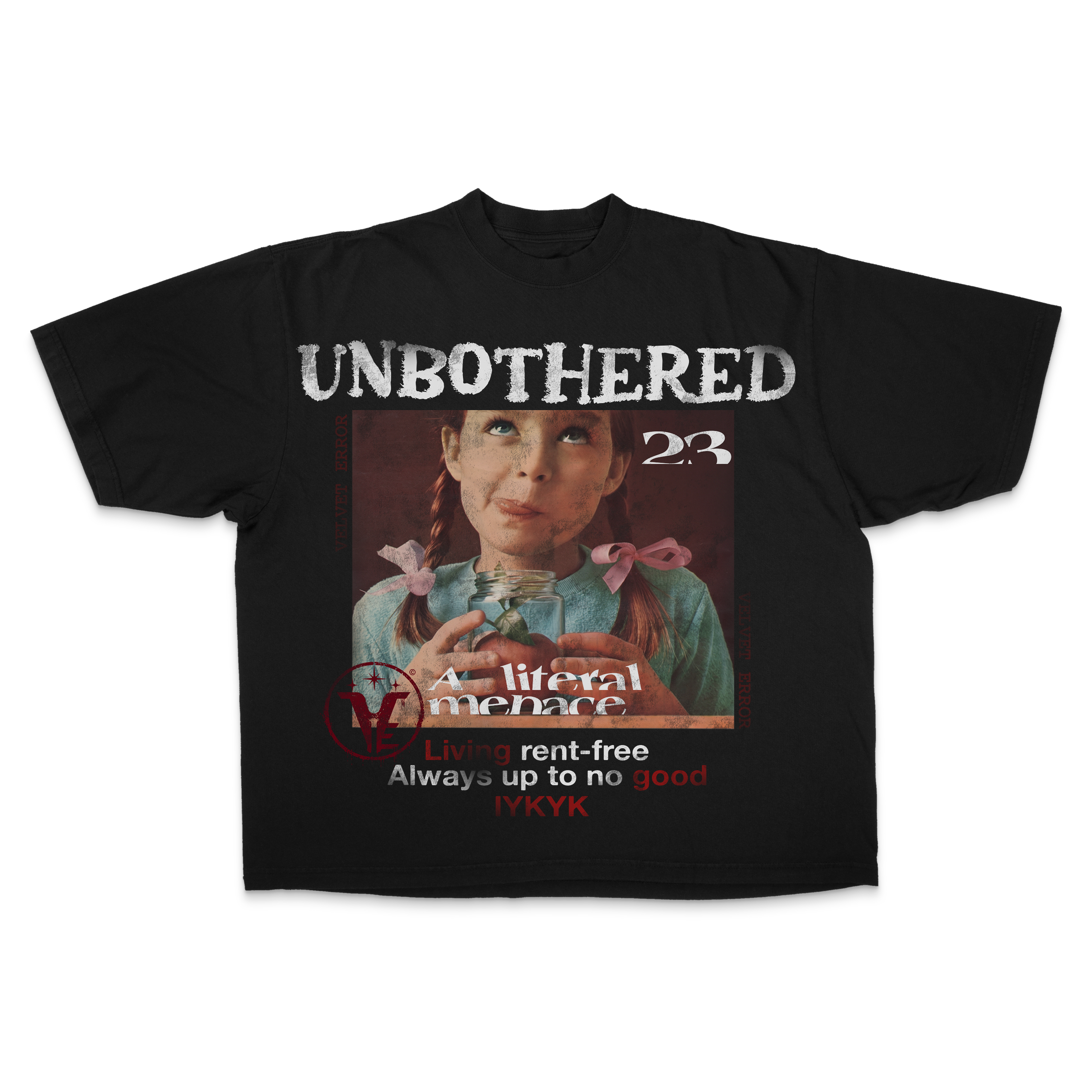 White Velvet Errors Unbothered Drop Tee featuring a relaxed fit and minimalist design, displayed flat on a clean background.